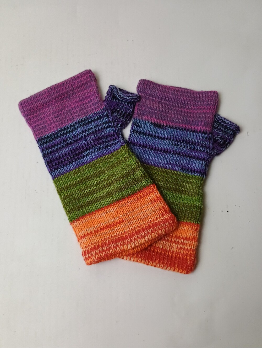 Handmade Multicolor Knit Fingerless Gloves - Purple, Blue, Green, Orange